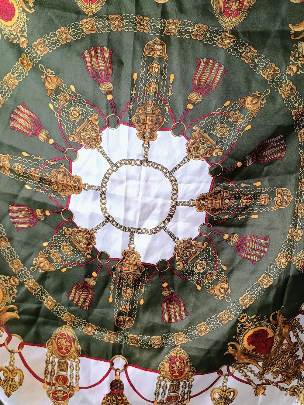 Hermes Green, White & Gold Silk Scarf with Ornate Medallion Design - Vintage - Picture 5 of 10